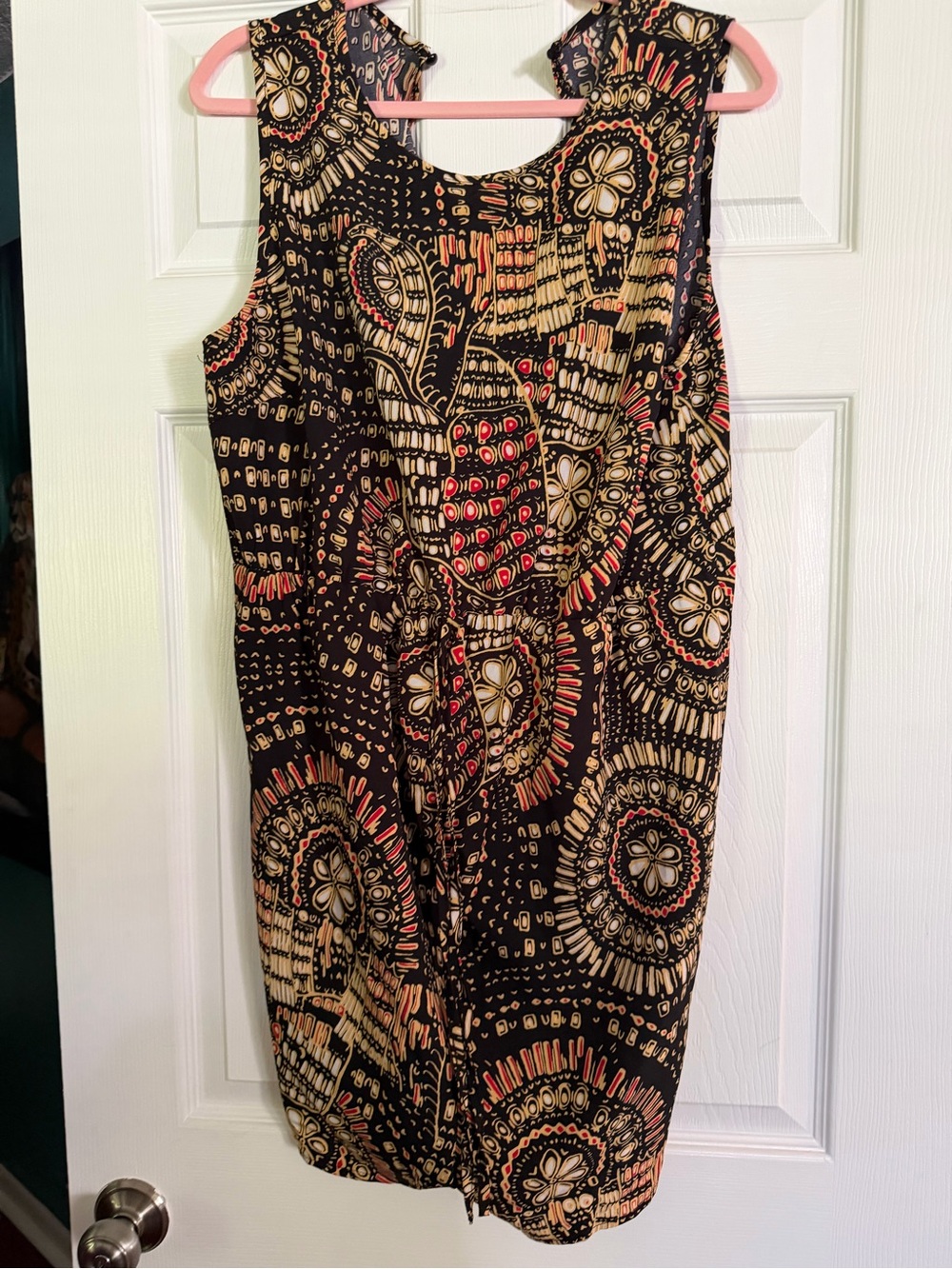 Sleeveless Black Printed Romper with Tan & Coral Accents
